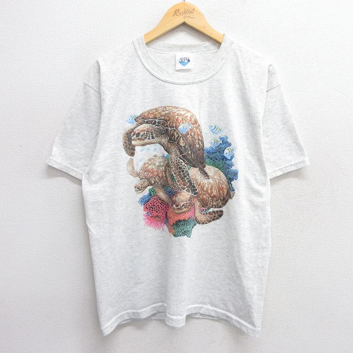 【50%OFF】L★古着 半袖 ビンテージ Tシャツ メンズ 90年代 90s カメ クルーネック USA製 薄グレー 霜降り 【spe】 25may21 中古