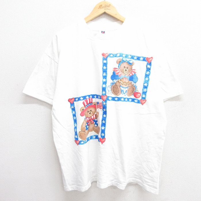 XL★古着 半袖 ビンテージ Tシャツ メンズ 90年代 90s クマ テディベア 大きいサイズ コットン クルーネック USA製 白 ホワイト 25may21 中古