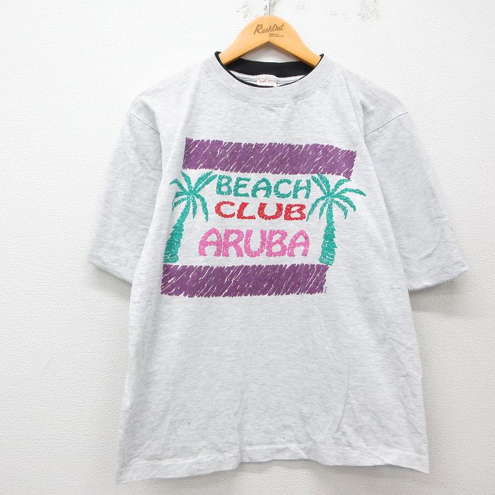 【20%OFF】L★古着 半袖 ビンテージ Tシャツ メンズ 90年代 90s ヤシの木 ビーチ コットン クルーネック 薄グレー 霜降り 25may23 中古