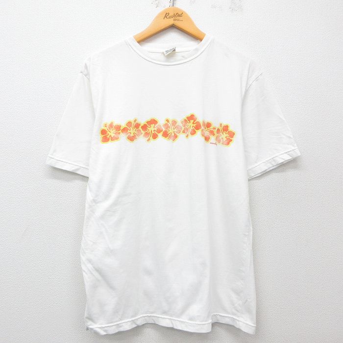 XL★古着 ユニオンベイ 半袖 ビンテージ Tシャツ メンズ 90年代 90s ハイビスカス コットン クルーネック 白 ホワイト 25may23 中古