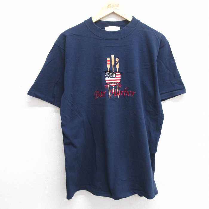 L★古着 半袖 ビンテージ Tシャツ メンズ 90年代 90s Bar Harbor コットン クルーネック USA製 紺 ネイビー 25may23 中古
