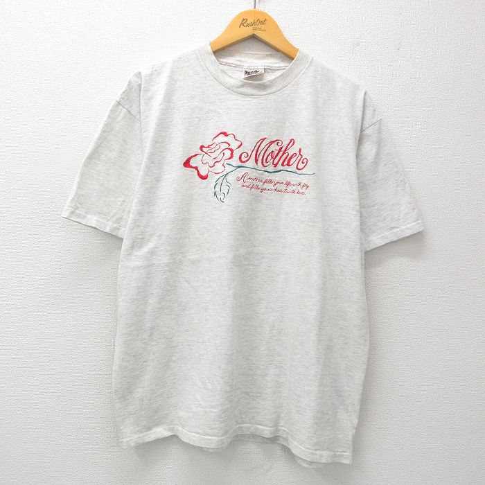 XL★古着 オニータ ONEITA 半袖 ビンテージ Tシャツ メンズ 90年代 90s バラ マザー 刺繍 コットン クルーネック 薄グレー 霜降り 25may24 中古
