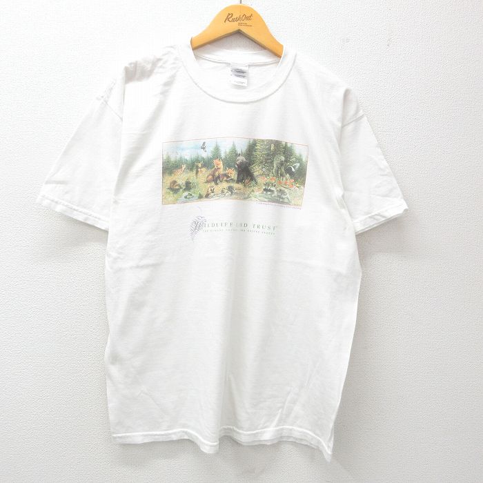 【50%OFF】L★古着 半袖 ビンテージ Tシャツ メンズ 00年代 00s クマ キツネ コットン クルーネック 白 ホワイト 25may24 中古