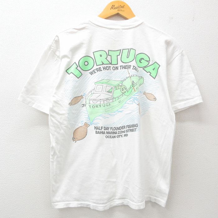 L★古着 半袖 ビンテージ Tシャツ メンズ 90年代 90s カメ TORTUGA 胸ポケット付き 釣り コットン クルーネック USA製 白 ホワイト 25may24 中古