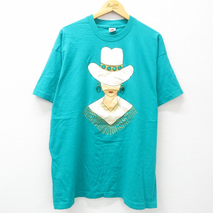XL★古着 フルーツオブザルーム 半袖 ビンテージ Tシャツ メンズ 90年代 90s 女性 ラメ 大きいサイズ コットン クルーネック USA製 青緑 25may24 中古