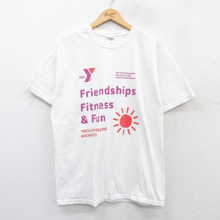 【50%OFF】L★古着 半袖 ビンテージ Tシャツ メンズ 00年代 00s フィットネス 太陽 コットン クルーネック 白 ホワイト 25may24 中古