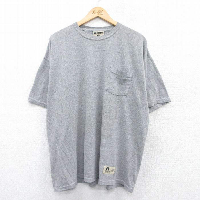 XL★古着 ラッセル 半袖 ビンテージ Tシャツ メンズ 00年代 00s 無地 胸ポケット付き 大きいサイズ クルーネック グレー 霜降り 25may24 中古