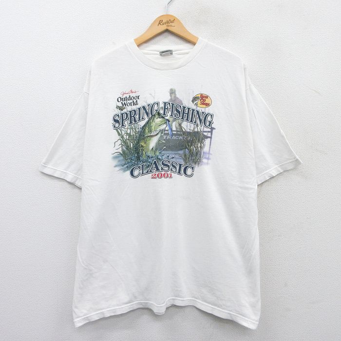 【20%OFF】XL★古着 バスプロショップス 半袖 ビンテージ Tシャツ メンズ 90年代 90s 魚 釣り 大きいサイズ コットン クルーネック USA製 白 ホワイト 25may24 中古