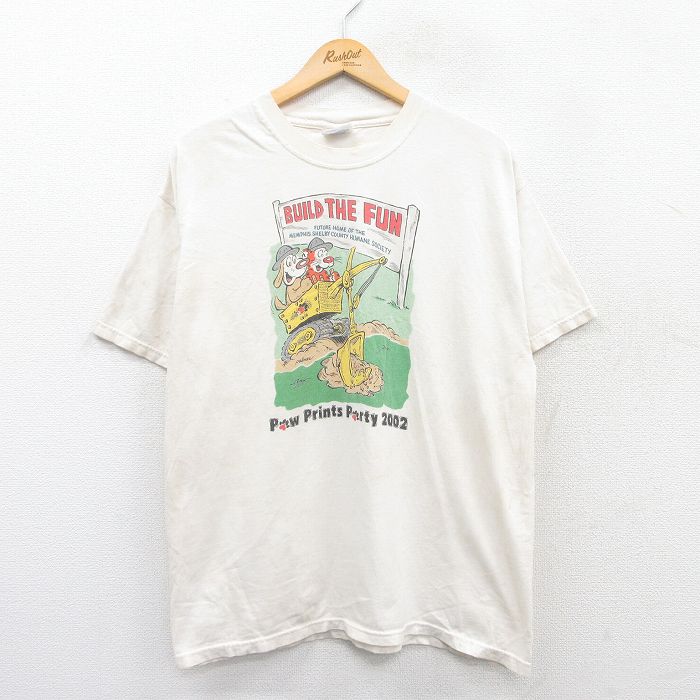 L★古着 ヘインズ Hanes 半袖 ビンテージ Tシャツ メンズ 00年代 00s 犬 ネコ ブルドーザー コットン クルーネック 白 ホワイト 25may24 中古