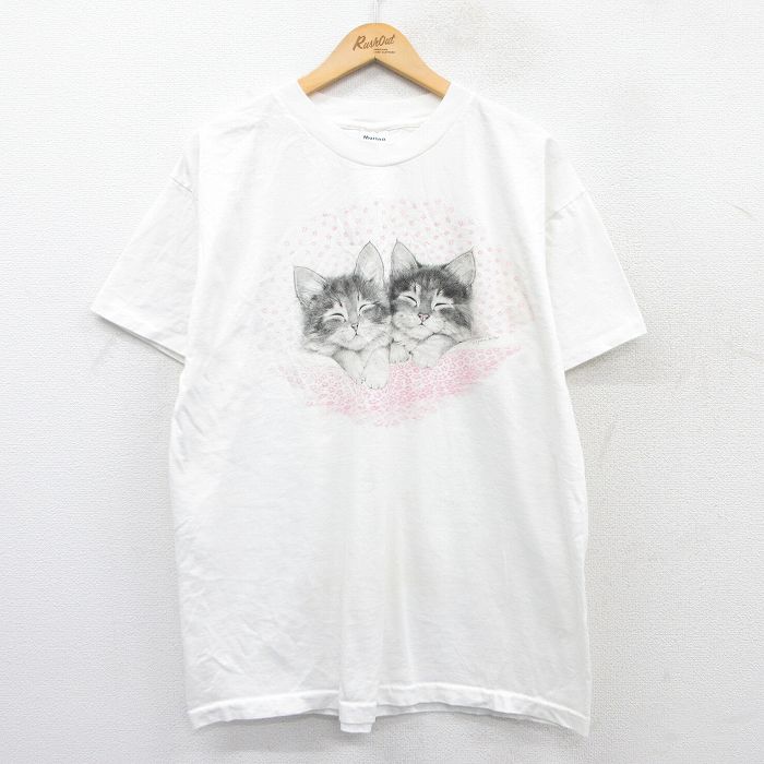 XL★古着 半袖 ビンテージ Tシャツ メンズ 90年代 90s ネコ コットン クルーネック USA製 白 ホワイト 【spe】 25may24 中古