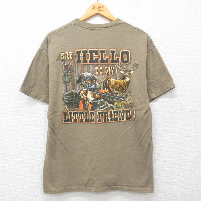 【50%OFF】L★古着 半袖 ビンテージ Tシャツ メンズ 00年代 00s シカ ハンティング クルーネック ベージュ カーキ 25may28 中古