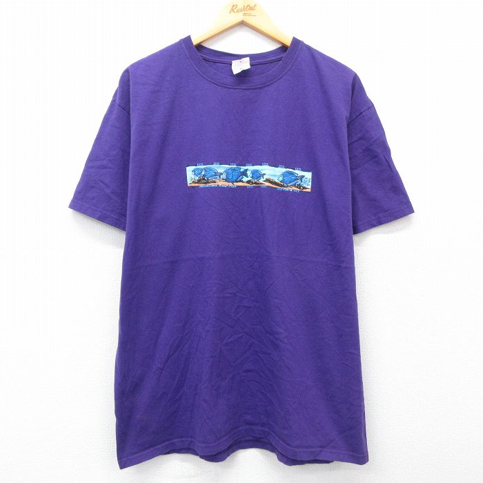 XL★古着 半袖 ビンテージ Tシャツ メンズ 00年代 00s 魚 コットン クルーネック 紫 パープル 25may28 中古