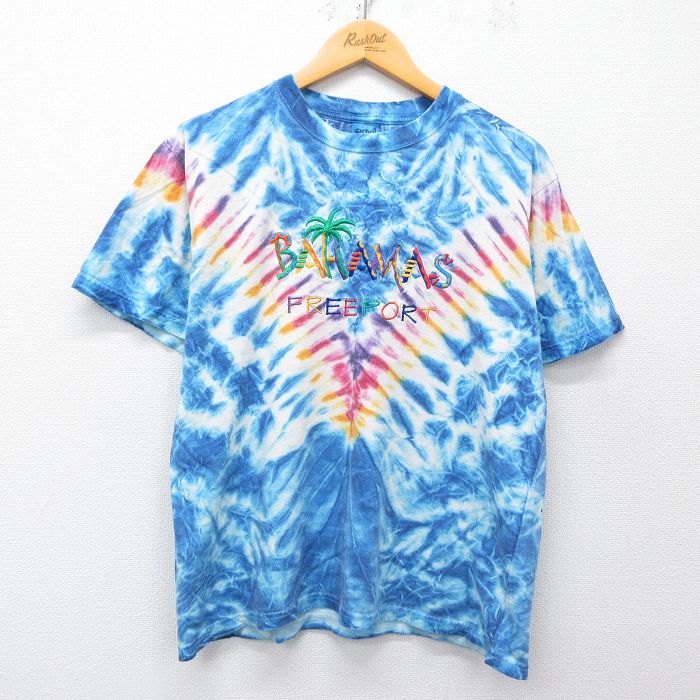 【50%OFF】L★古着 半袖 ビンテージ Tシャツ メンズ 00年代 00s バハマ 刺繍 コットン クルーネック 青他 ブルー タイダイ 25may28 中古