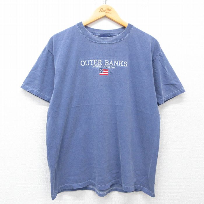 【50%OFF】XL★古着 半袖 ビンテージ Tシャツ メンズ 00年代 00s アウターバンクス 星条旗 刺繍 コットン クルーネック 薄紺 ネイビー 25may28 中古