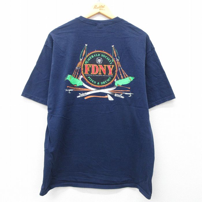 XL★古着 フルーツオブザルーム 半袖 ビンテージ Tシャツ メンズ 00年代 00s FDNY 消防署 コットン クルーネック 紺 ネイビー 25may28 中古