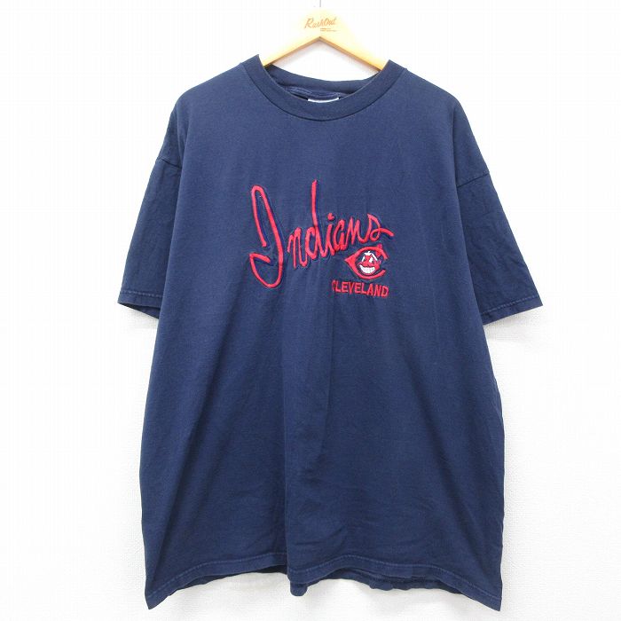 XL★古着 半袖 ビンテージ Tシャツ メンズ 90年代 90s MLB クリーブランドインディアンス 刺繍 大きいサイズ コットン クルーネック USA製 紺 ネイビー メジャーリーグ ベースボール 野球 25may28 中古