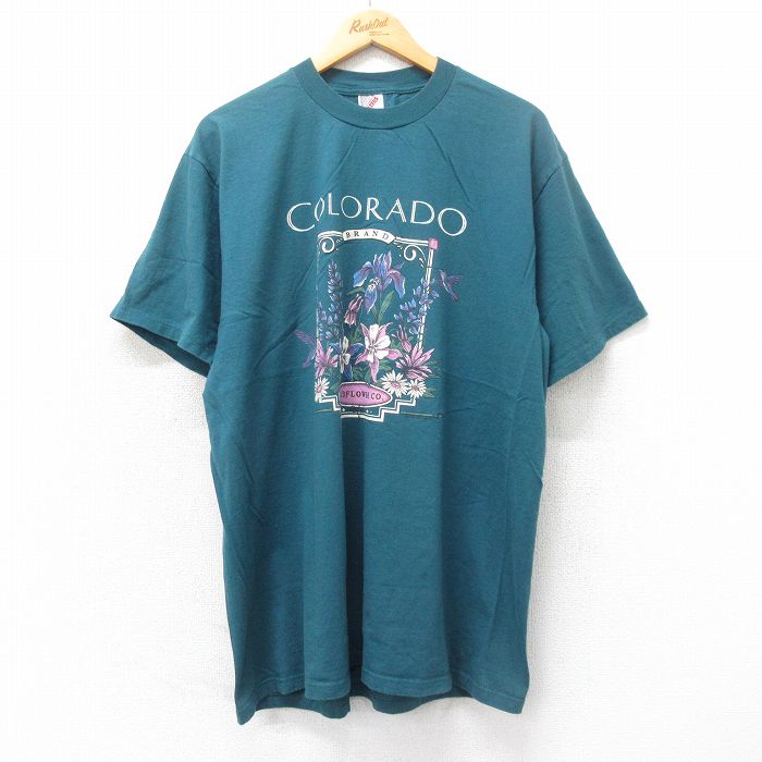 XL★古着 ジャージーズ 半袖 ビンテージ Tシャツ メンズ 90年代 90s コロラド 花 コットン クルーネック 濃緑 グリーン 25jun04 中古