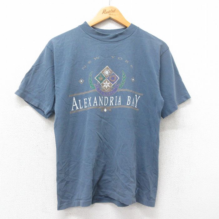 M★古着 半袖 ビンテージ Tシャツ メンズ 90年代 90s ALXANDRIA BAY コットン クルーネック USA製 薄紺 ネイビー 25jun04 中古