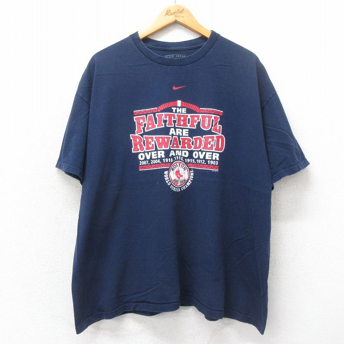 XL★古着 ナイキ NIKE 半袖 ビンテージ Tシャツ メンズ 00年代 00s MLB ボストンレッドソックス 大きいサイズ コットン クルーネック 紺 ネイビー メジャーリーグ ベースボール 野球 25jun04 中古