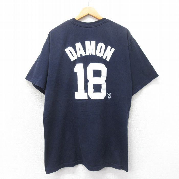 XL★古着 マジェスティック 半袖 ビンテージ Tシャツ メンズ 00年代 00s MLB ニューヨークヤンキース ジョニーデーモン 18 大きいサイズ コットン クルーネック 紺 ネイビー メジャーリーグ ベースボール 野球 25jun04 中古