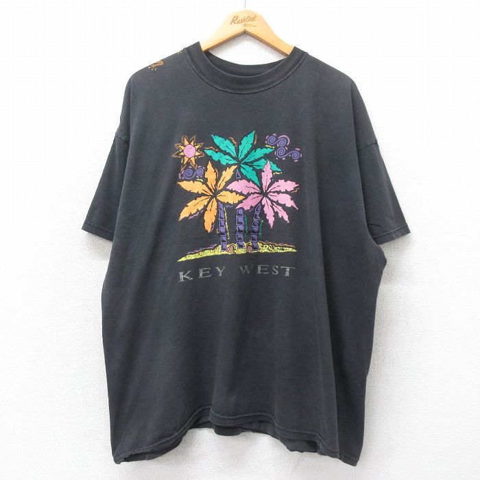 XL★古着 半袖 ビンテージ Tシャツ メンズ 00年代 00s キーウエスト ヤシの木 トカゲ 大きいサイズ コットン クルーネック 黒 ブラック 25jun04 中古