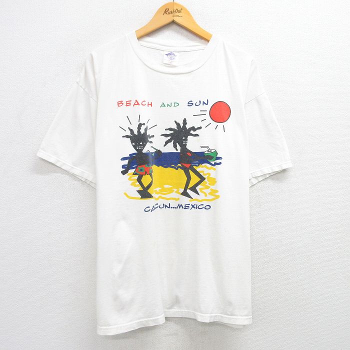 【50%OFF】XL★古着 半袖 ビンテージ Tシャツ メンズ 90年代 90s ビーチ メキシコ 大きいサイズ コットン クルーネック 白 ホワイト 25may29 中古