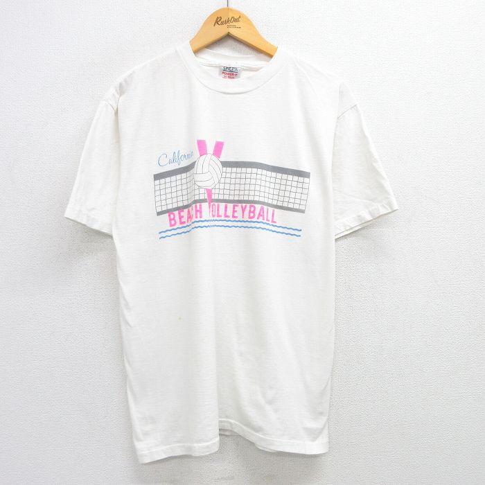 XL★古着 オニータ ONEITA 半袖 ビンテージ Tシャツ メンズ 90年代 90s ビーチバレーボール コットン クルーネック 白 ホワイト 25may29 中古
