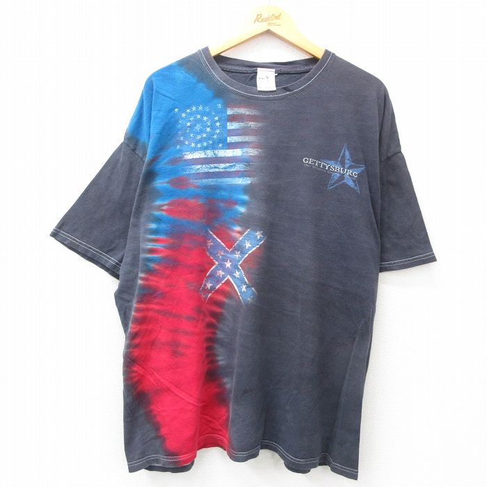 XL★古着 半袖 ビンテージ Tシャツ メンズ 00年代 00s 星条旗 サザンクロス ゲティスバーグ 大きいサイズ コットン クルーネック 黒他 ブラック タイダイ 25may29 中古