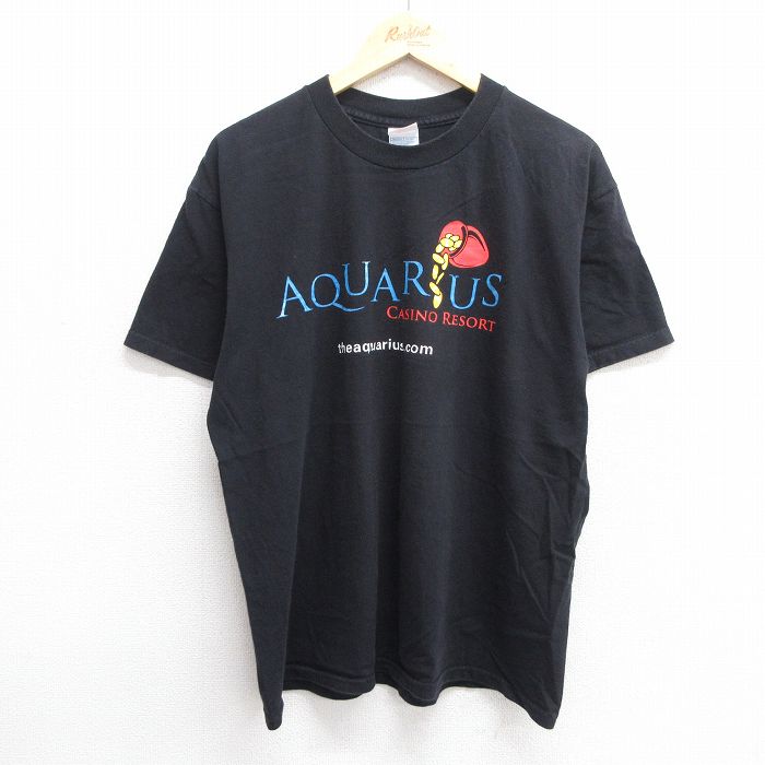 L★古着 半袖 ビンテージ Tシャツ メンズ 00年代 00s AQUARUS カジノ コットン クルーネック 黒 ブラック 25may29 中古