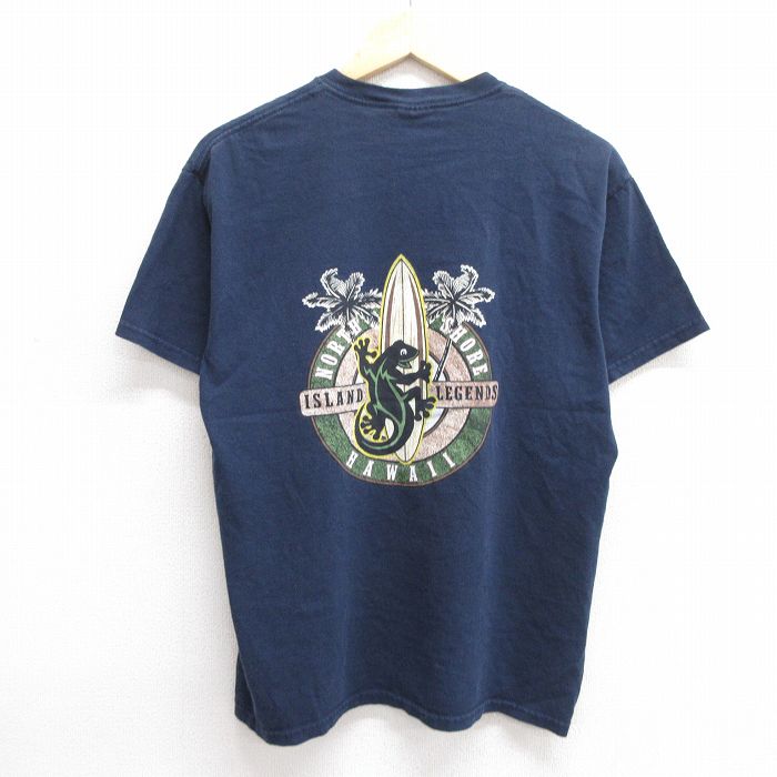 【50%OFF】M★古着 半袖 ビンテージ Tシャツ メンズ 00年代 00s トカゲ サーフボード コットン クルーネック 紺 ネイビー 25may29 中古