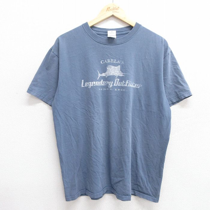 L★古着 半袖 ビンテージ Tシャツ メンズ 00年代 00s 魚 コットン クルーネック 薄紺 ネイビー 25may29 中古