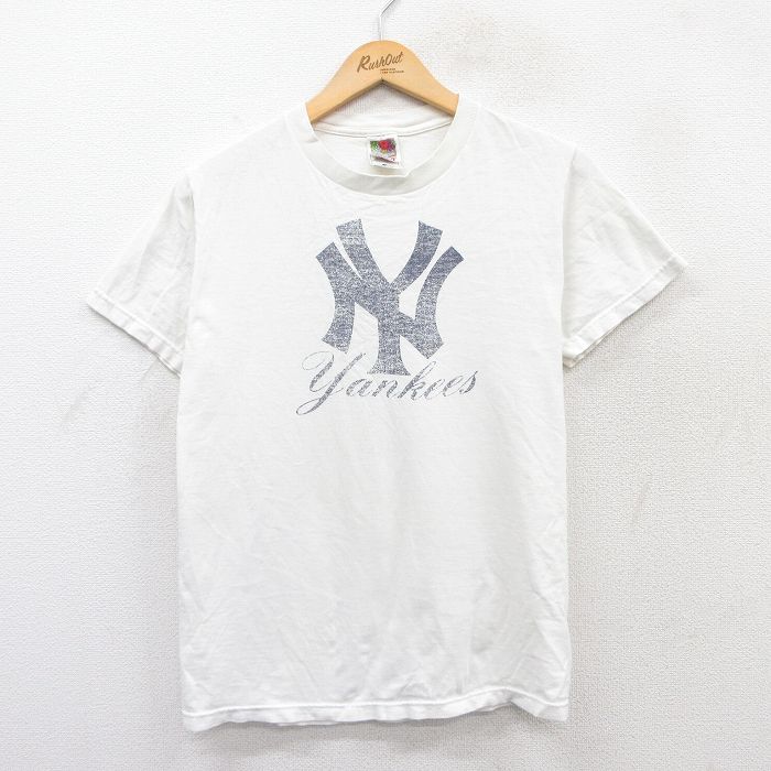 S★古着 フルーツオブザルーム 半袖 ビンテージ Tシャツ メンズ 00年代 00s MLB ニューヨークヤンキース コットン クルーネック 白 ホワイト メジャーリーグ ベースボール 野球 25may29 中古