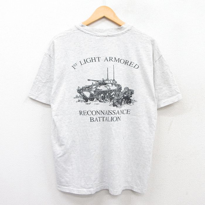 【50%OFF】XL★古着 ヘインズ Hanes 半袖 ビンテージ Tシャツ メンズ 90年代 90s ミリタリー 戦車 クルーネック USA製 薄グレー 霜降り 25may29 中古