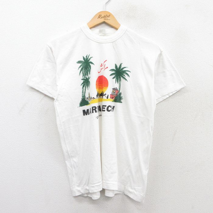 L★古着 半袖 ビンテージ Tシャツ メンズ 80年代 80s マラケシュ ヤシの木 コットン クルーネック 白 ホワイト 25may29 中古
