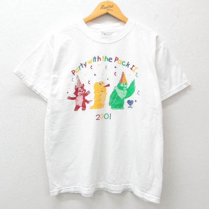L★古着 半袖 ビンテージ Tシャツ メンズ 00年代 00s 犬 ネコ 鳥 コットン クルーネック 白 ホワイト 25may29 中古