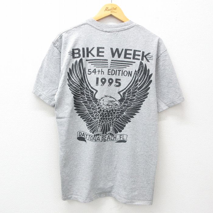 L★古着 半袖 ビンテージ Tシャツ メンズ 90年代 90s 鳥 バイクウィーク デイトナビーチ コットン クルーネック カナダ製 グレー 霜降り 25may29 中古