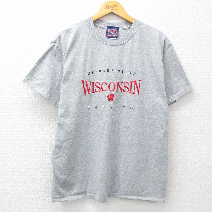 L★古着 半袖 ビンテージ Tシャツ メンズ 00年代 00s ウィスコンシンバジャーズ 大学 刺繍 クルーネック グレー 霜降り 25may29 中古