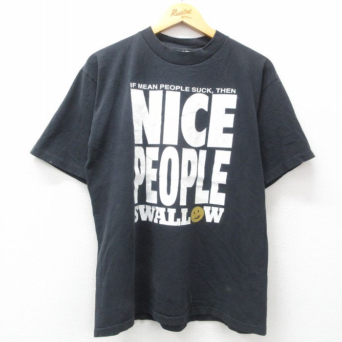 L★古着 半袖 ビンテージ Tシャツ メンズ 90年代 90s NICE PEOPLE スマイル コットン クルーネック USA製 黒 ブラック 25may29 中古
