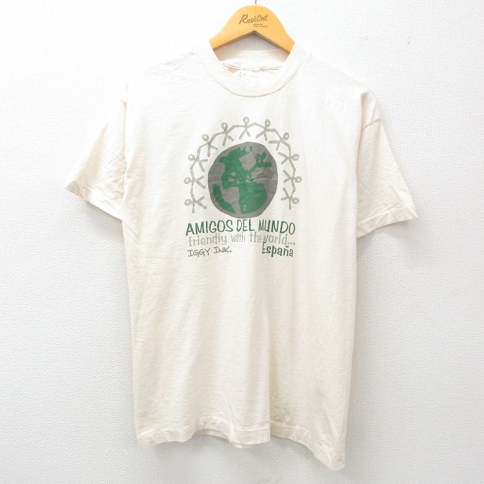 M★古着 スクリーンスターズ フルーツオブザルーム 半袖 ビンテージ Tシャツ メンズ 90年代 90s 地球 棒人間 コットン クルーネック 生成り 25may29 中古