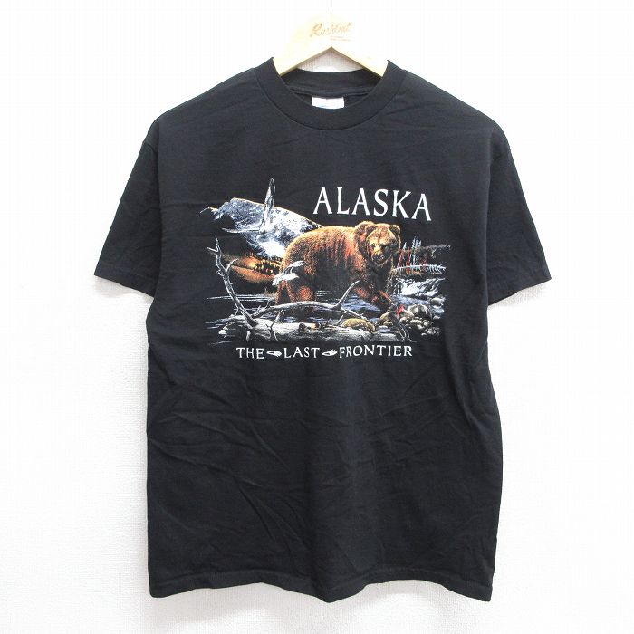 M★古着 半袖 ビンテージ Tシャツ メンズ 00年代 00s アラスカ クマ コットン クルーネック 黒 ブラック 25may29 中古