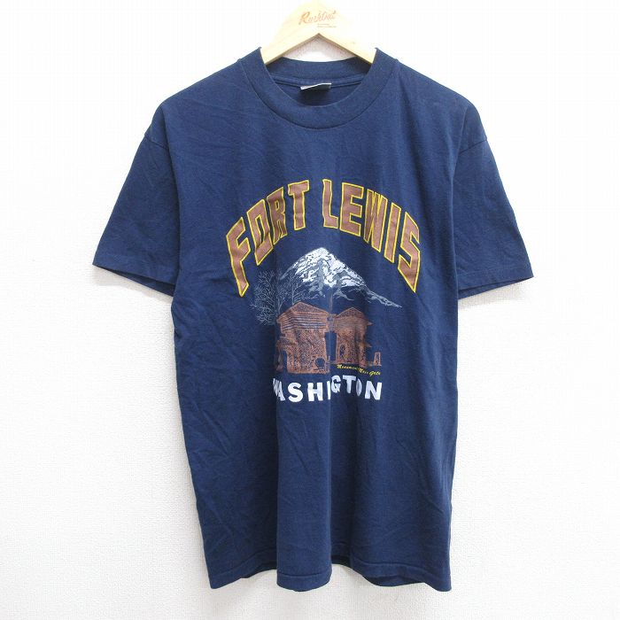 L★古着 オニータ ONEITA 半袖 ビンテージ Tシャツ メンズ 90年代 90s フォートルイス ワシントン クルーネック 紺 ネイビー 25may29 中古