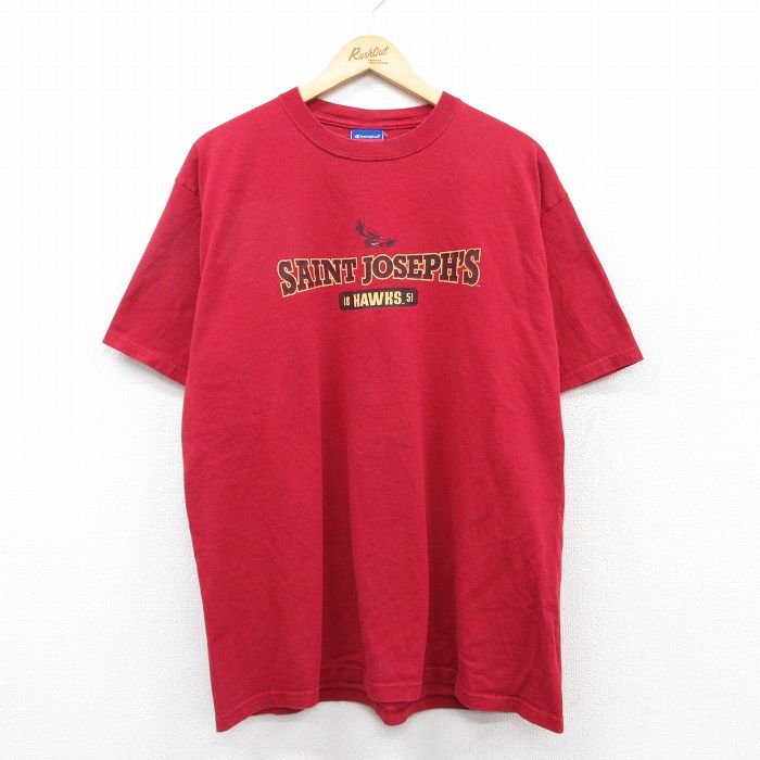 【50%OFF】XL★古着 チャンピオン champion 半袖 ビンテージ Tシャツ メンズ 00年代 00s セントジョゼフズホークス クルーネック 赤 レッド 25may30 中古