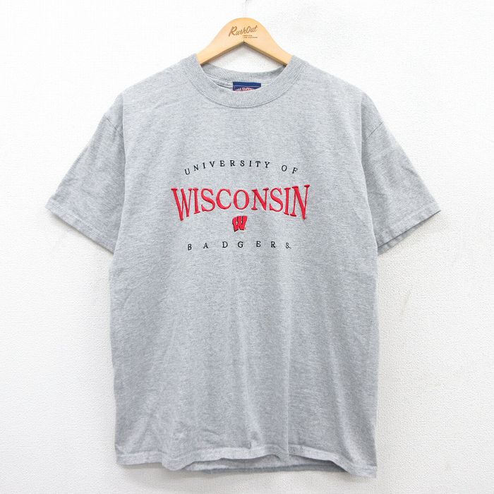 【50%OFF】L★古着 半袖 ビンテージ Tシャツ メンズ 00年代 00s ウィスコンシンパジャーズ 大学 刺繍 クルーネック グレー 霜降り 25may30 中古