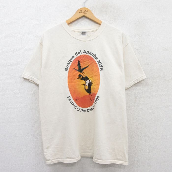L★古着 半袖 ビンテージ Tシャツ メンズ 00年代 00s 鳥 コットン クルーネック 生成り 25may30 中古