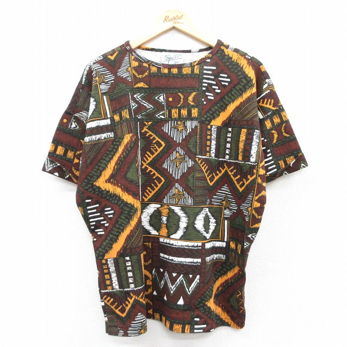 XL★古着 半袖 ビンテージ Tシャツ メンズ 90年代 90s 総柄 大きいサイズ クルーネック 茶他 ブラウン 25may30 中古