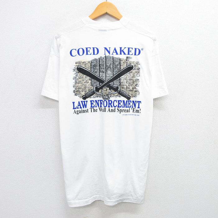 XL★古着 フルーツオブザルーム 半袖 ビンテージ Tシャツ メンズ 90年代 90s 警棒 手錠 大きいサイズ クルーネック USA製 白 ホワイト 25may30 中古