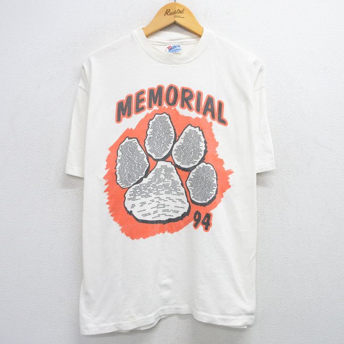 XL★古着 ヘインズ Hanes 半袖 ビンテージ Tシャツ メンズ 90年代 90s 肉球 メモリアル コットン クルーネック USA製 白 ホワイト 25may30 中古