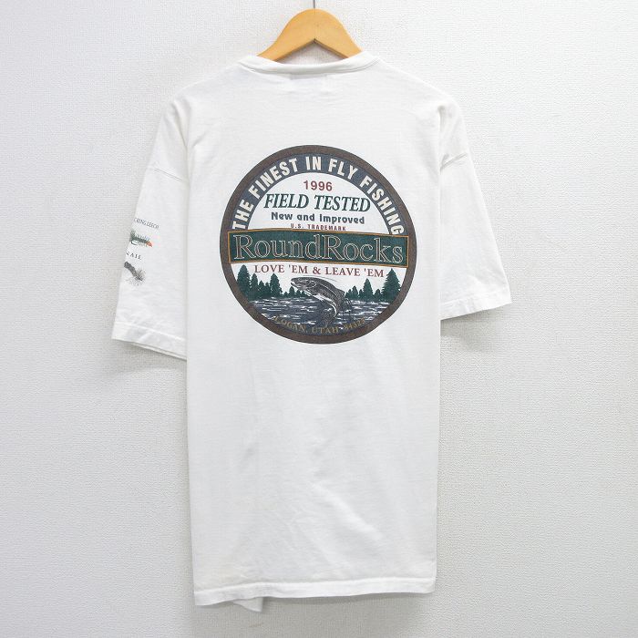 XL★古着 半袖 ビンテージ Tシャツ メンズ 90年代 90s 釣り 魚 大きいサイズ コットン クルーネック USA製 白 ホワイト 25may30 中古