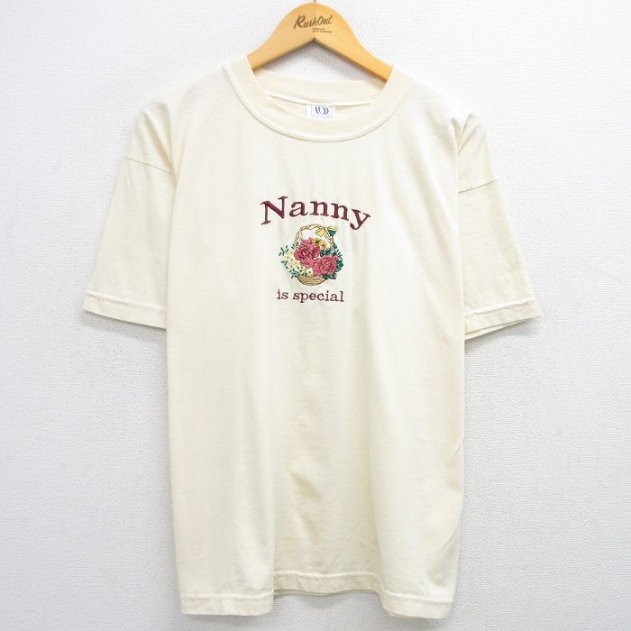 80s 半袖Tシャツ 花刺繍 ベージュ XL | 古着