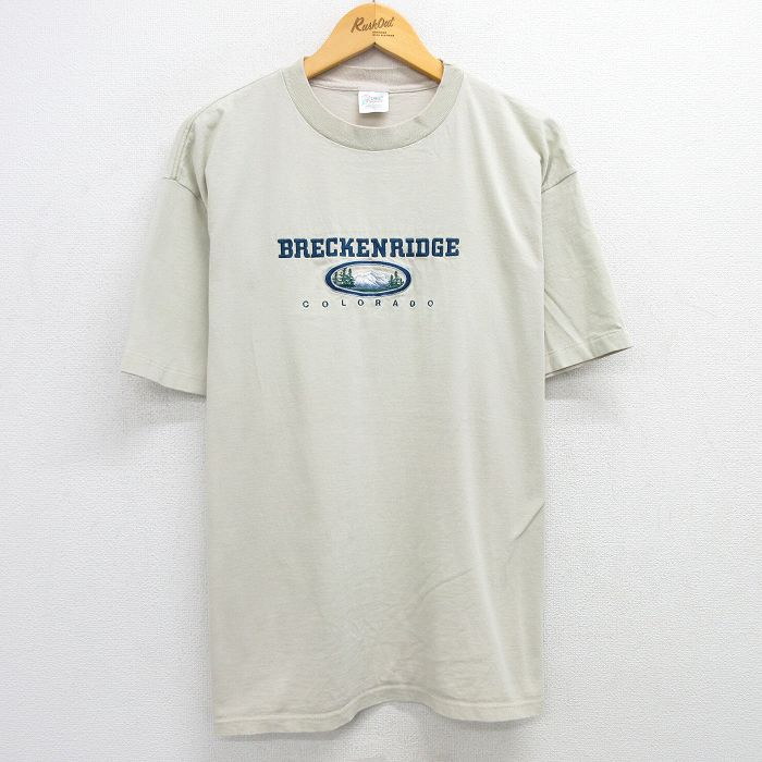 XL★古着 半袖 ビンテージ Tシャツ メンズ 90年代 90s ブレッキンリッジ コロラド 刺繍 大きいサイズ コットン クルーネック USA製 薄ベージュ系 カーキ 25may30 中古